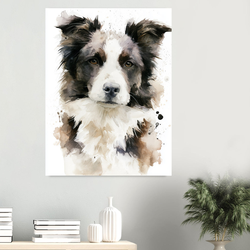 Border collie-tavla i akvarell - inramad poster i sovrumsmiljö