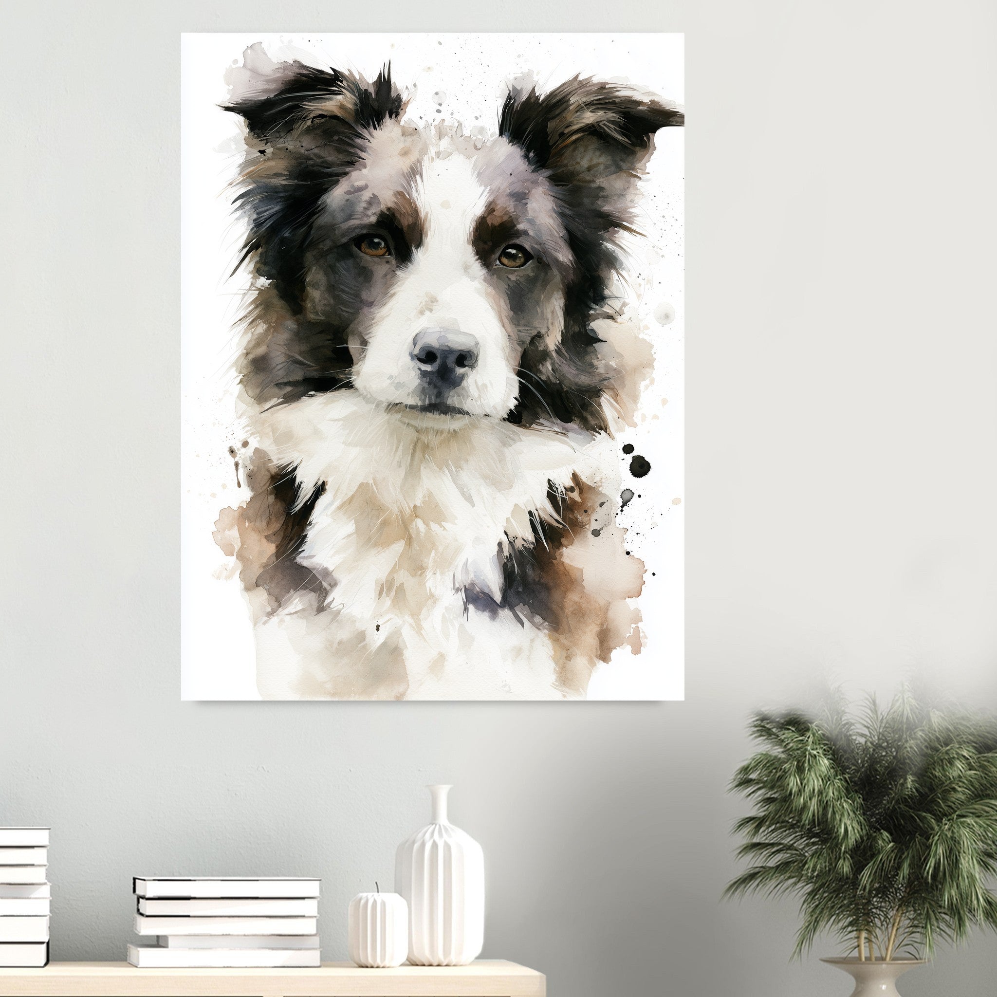 Border collie-tavla i akvarell - inramad poster i sovrumsmiljö