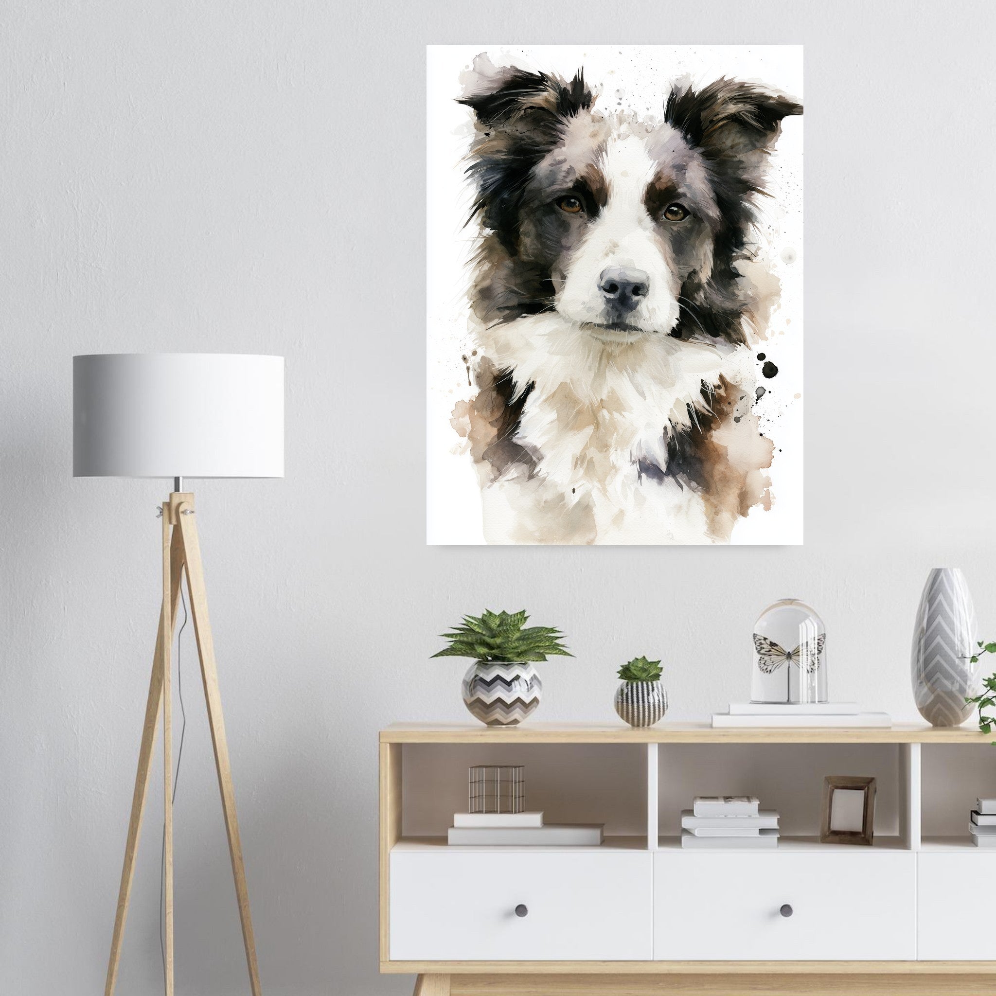 Border collie-tavla i akvarell - inramad poster i ljus interiör