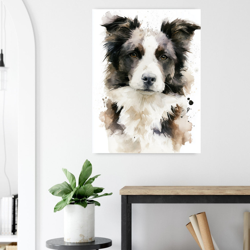 Border collie-tavla i akvarell - närbild på tryckdetalj