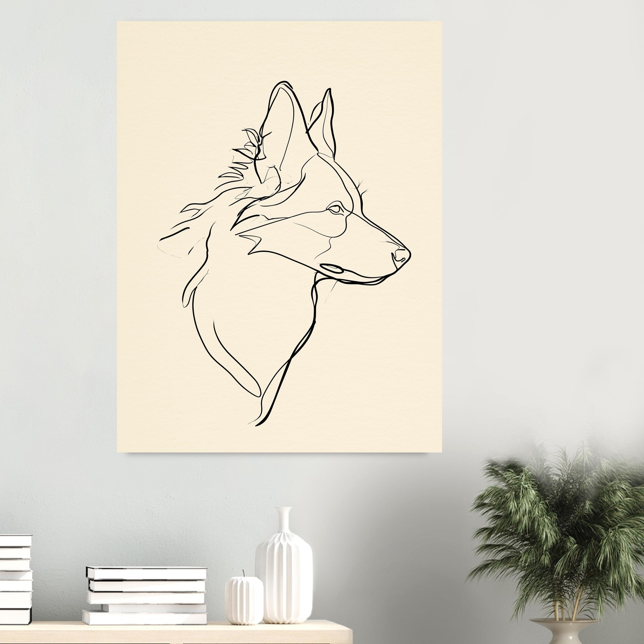 Border collie-tavla i linjekonst - inramad poster i sovrumsmiljö