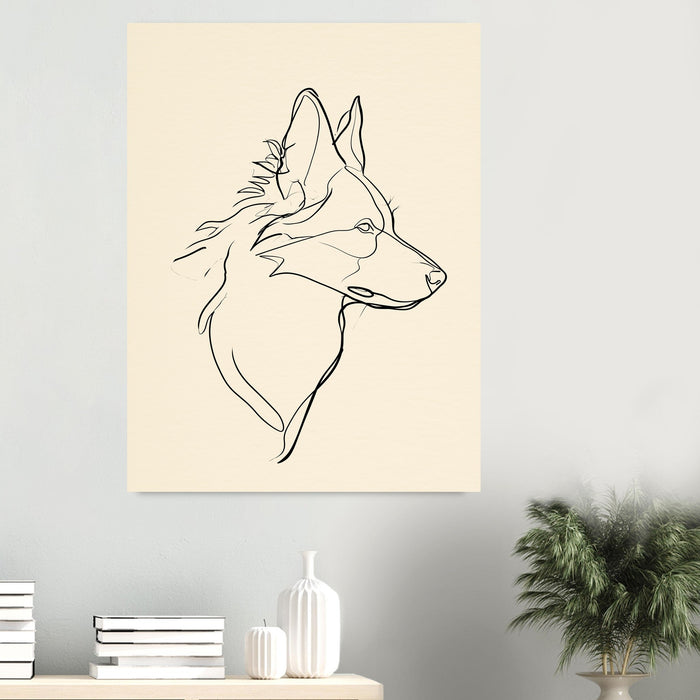 Linjekonstposter med border collie ovanf&ouml;r en sideboard med b&ouml;cker