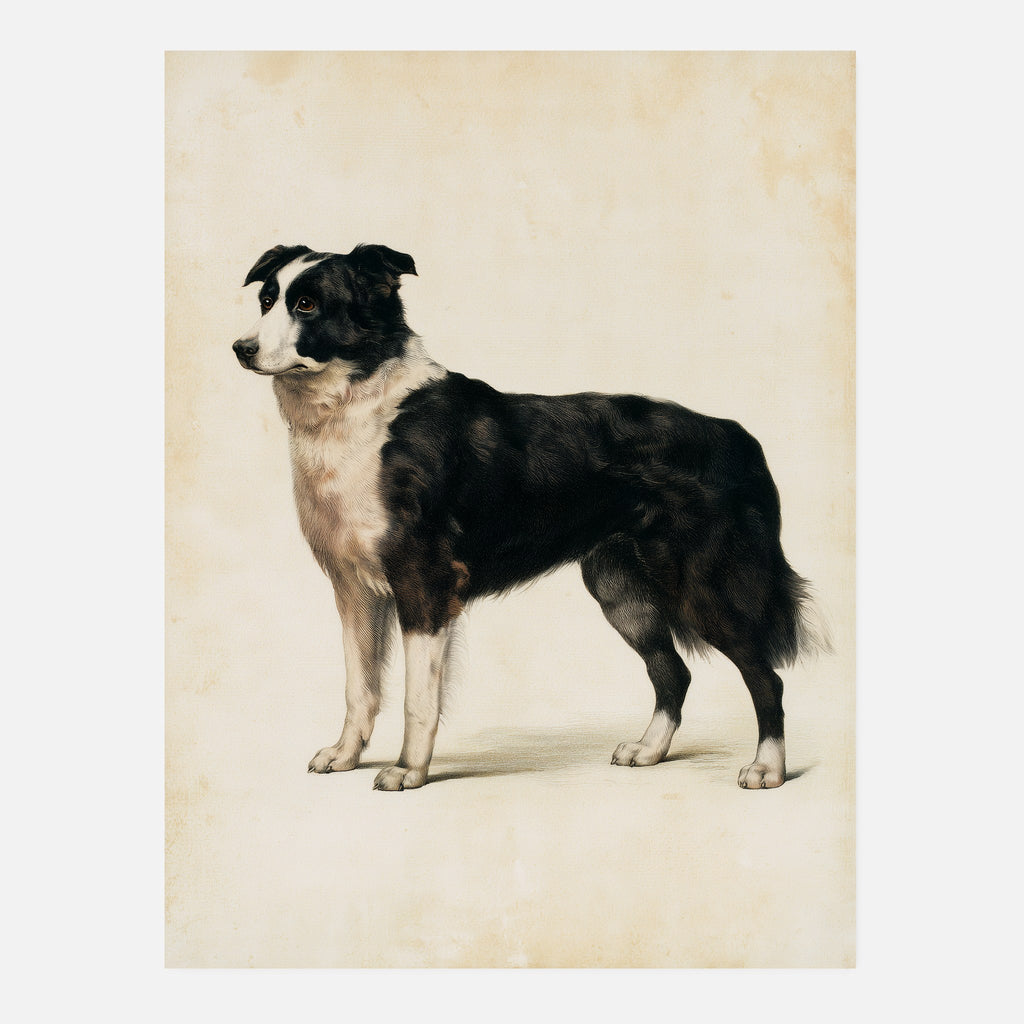 Border collie-tavla i antik plansch - inramad poster i vardagsrumsmiljö