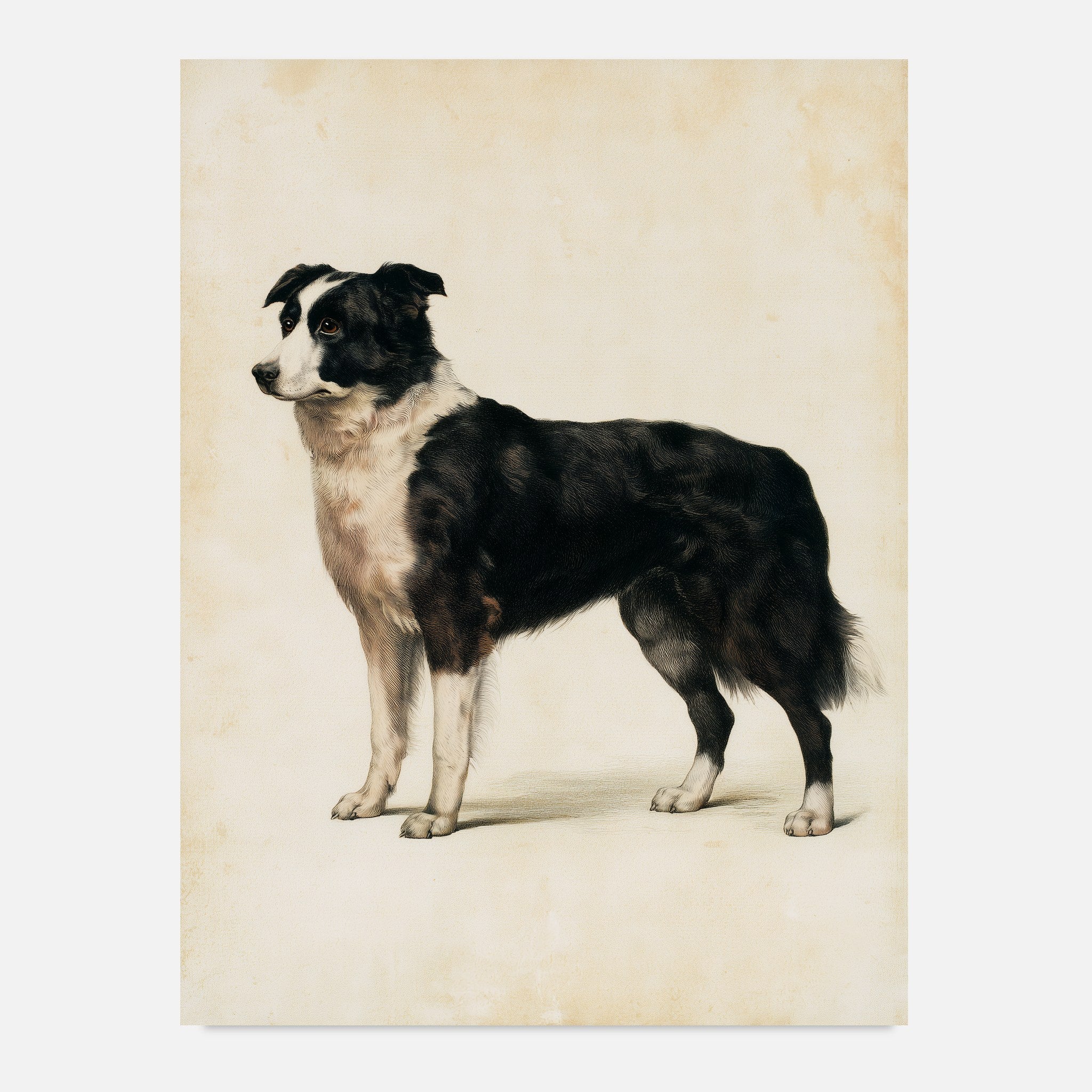 Border collie-tavla i antik plansch - inramad poster över soffan