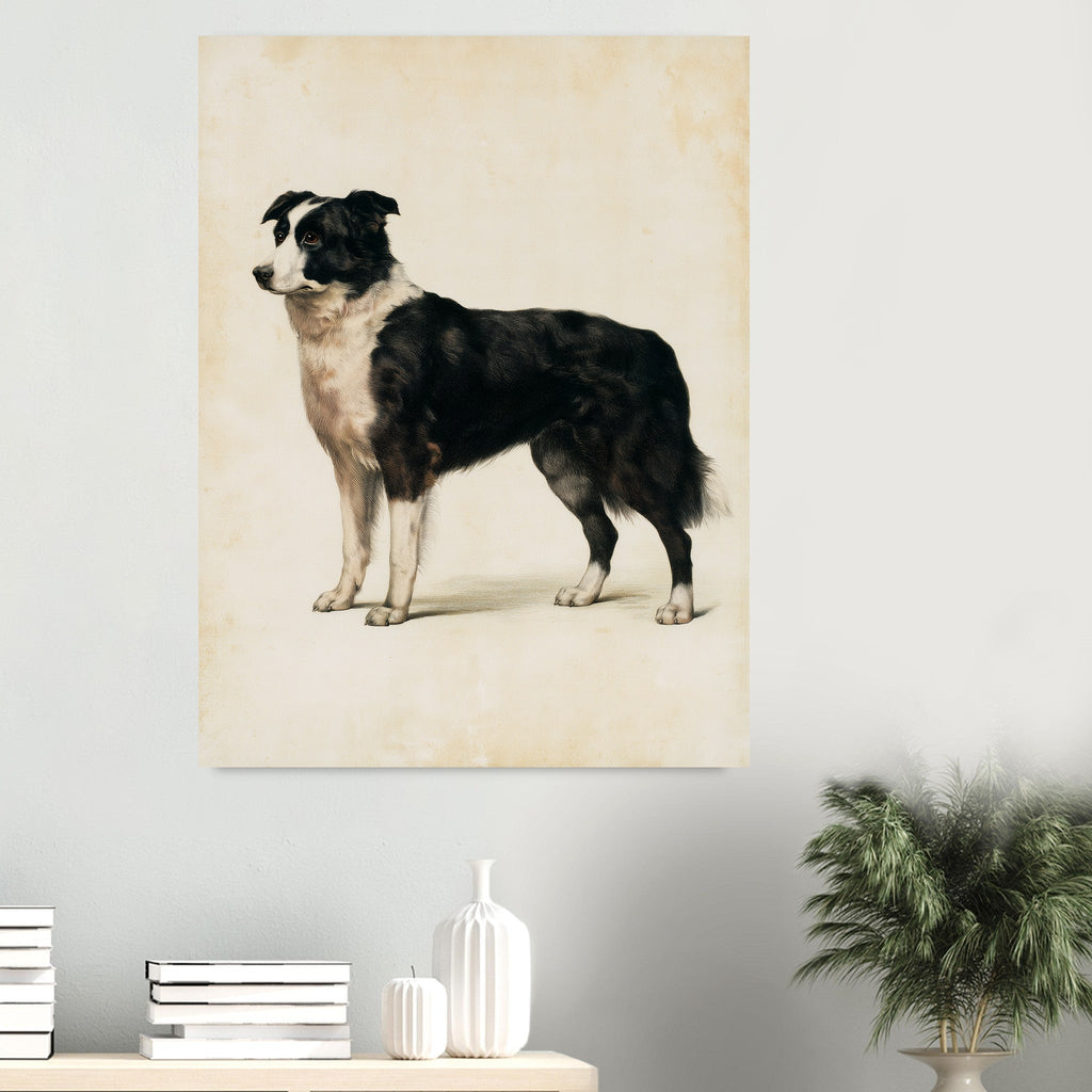 Border collie-tavla i antik plansch - inramad poster i sovrumsmiljö