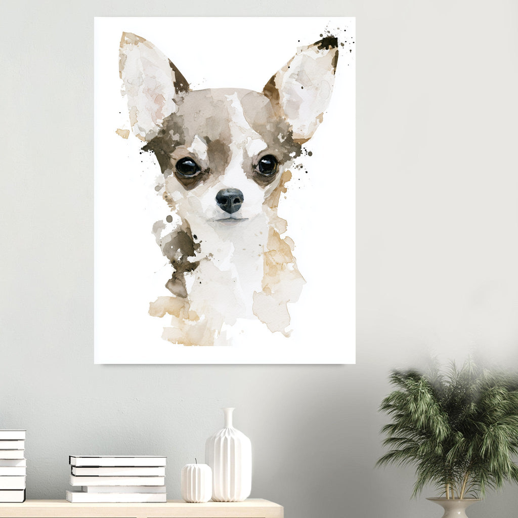 Chihuahua-tavla i akvarell - inramad poster i sovrumsmiljö