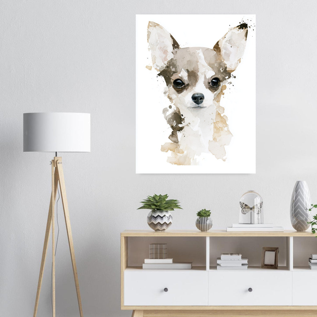 Chihuahua-tavla i akvarell - inramad poster i ljus interiör