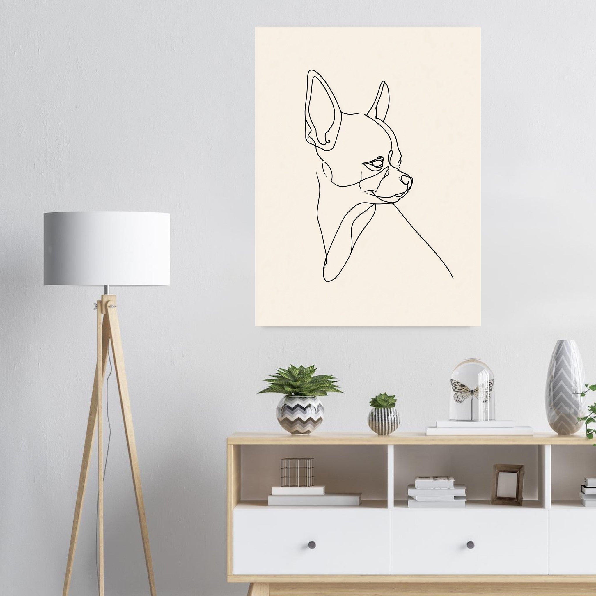 Chihuahua-tavla i linjekonst - inramad poster i ljus interiör