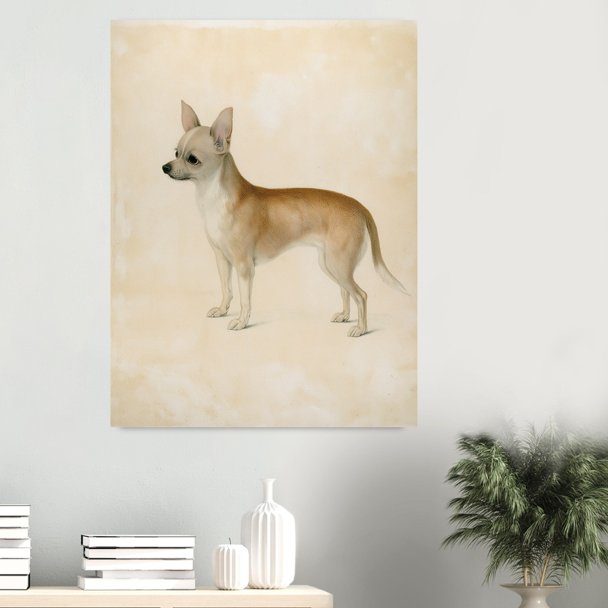 Chihuahua-tavla i antik plansch - inramad poster i sovrumsmiljö