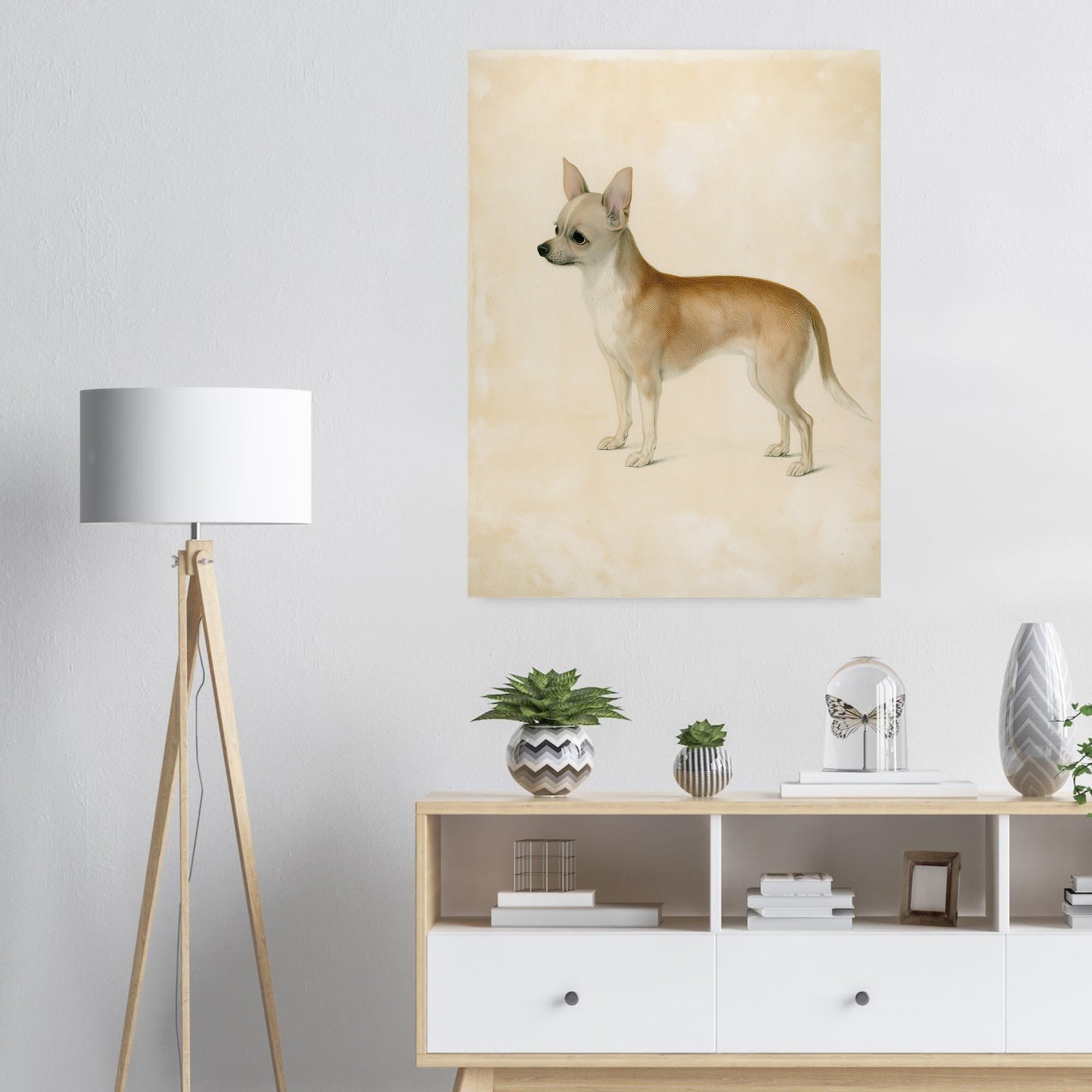 Chihuahua-tavla i antik plansch - inramad poster i ljus interiör