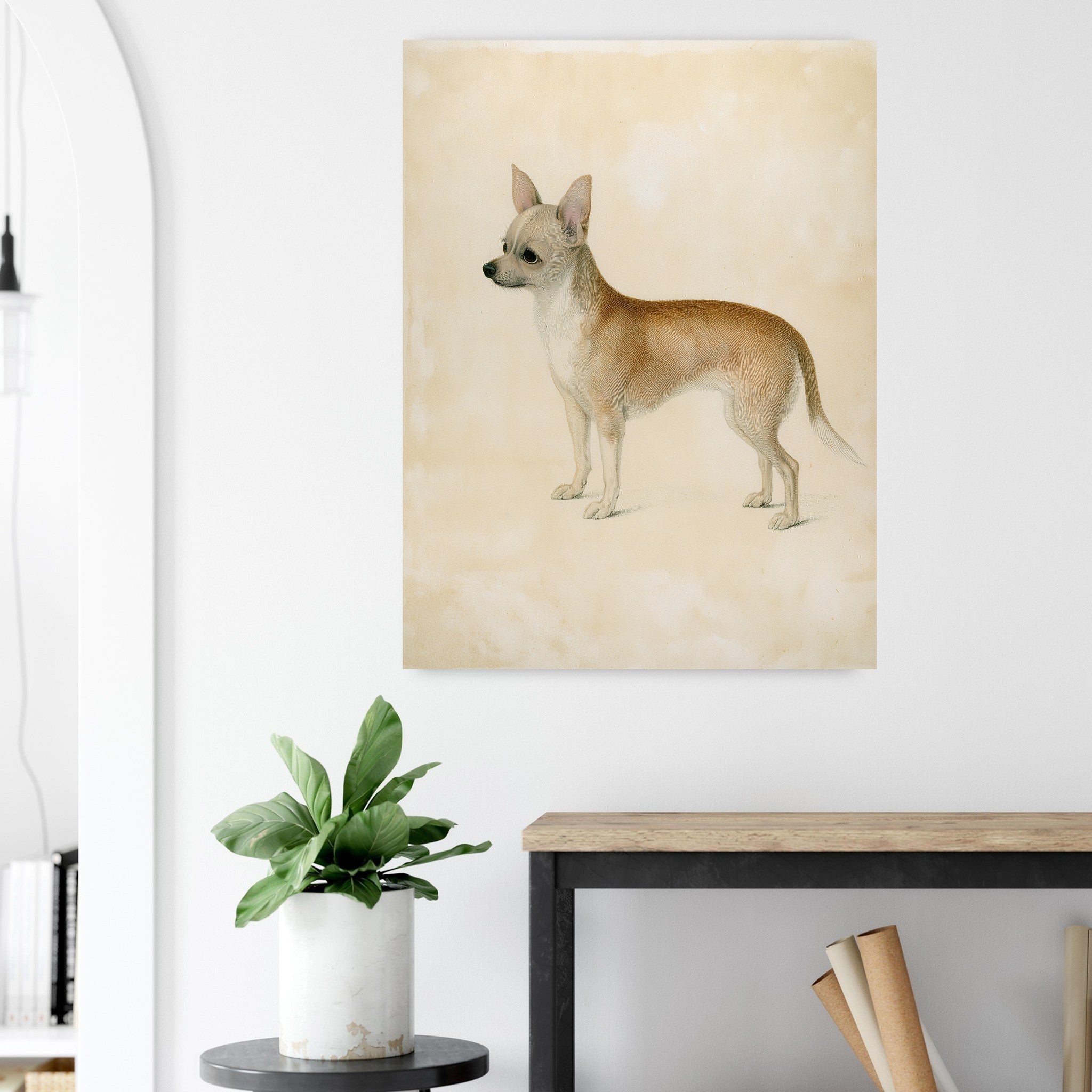 Chihuahua-tavla i antik plansch - närbild på tryckdetalj