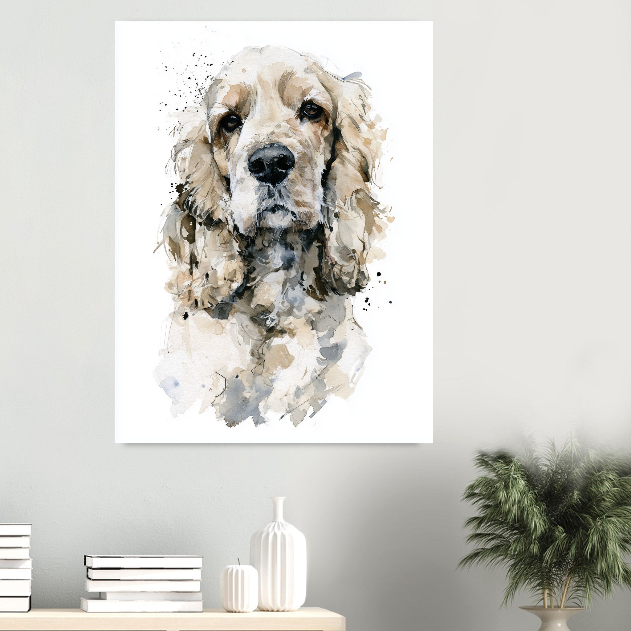 Cocker spaniel-tavla i akvarell - inramad poster i sovrumsmiljö