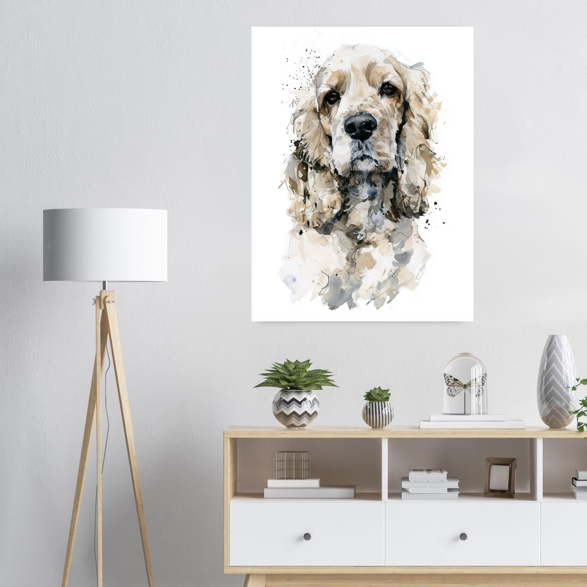 Cocker spaniel-tavla i akvarell - inramad poster i ljus interiör
