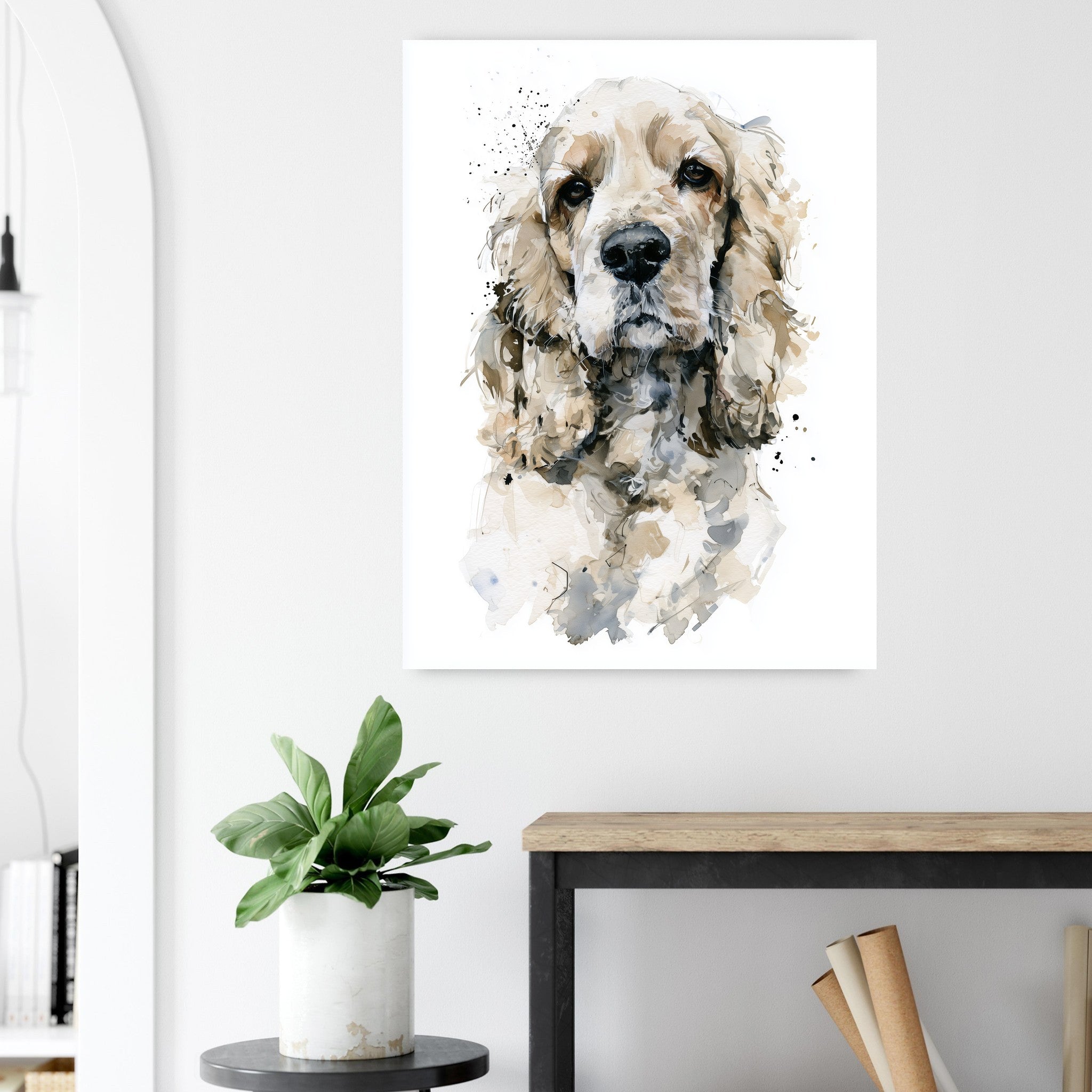 Cocker spaniel-tavla i akvarell - närbild på tryckdetalj