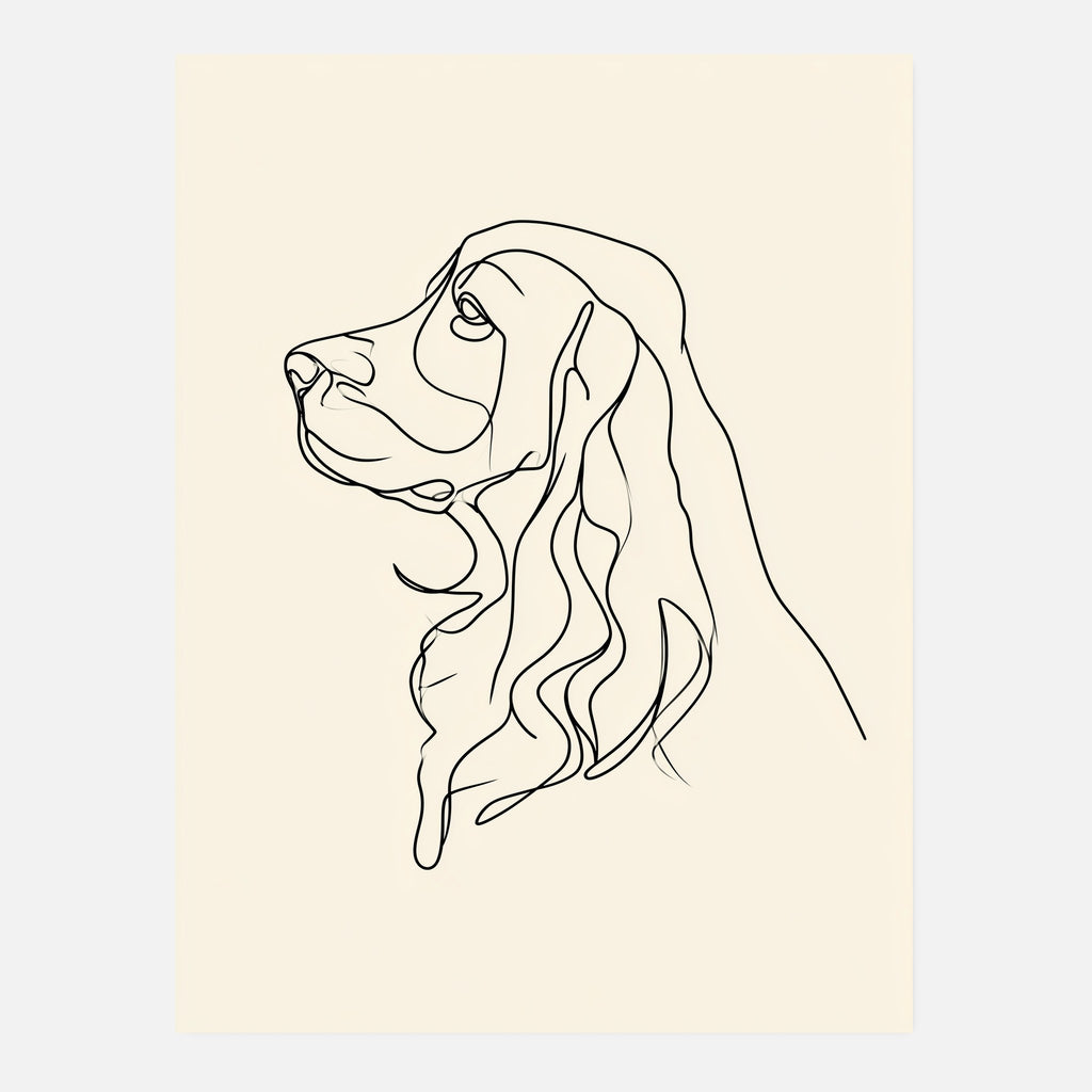 Cocker spaniel-tavla i linjekonst - inramad poster i vardagsrumsmiljö