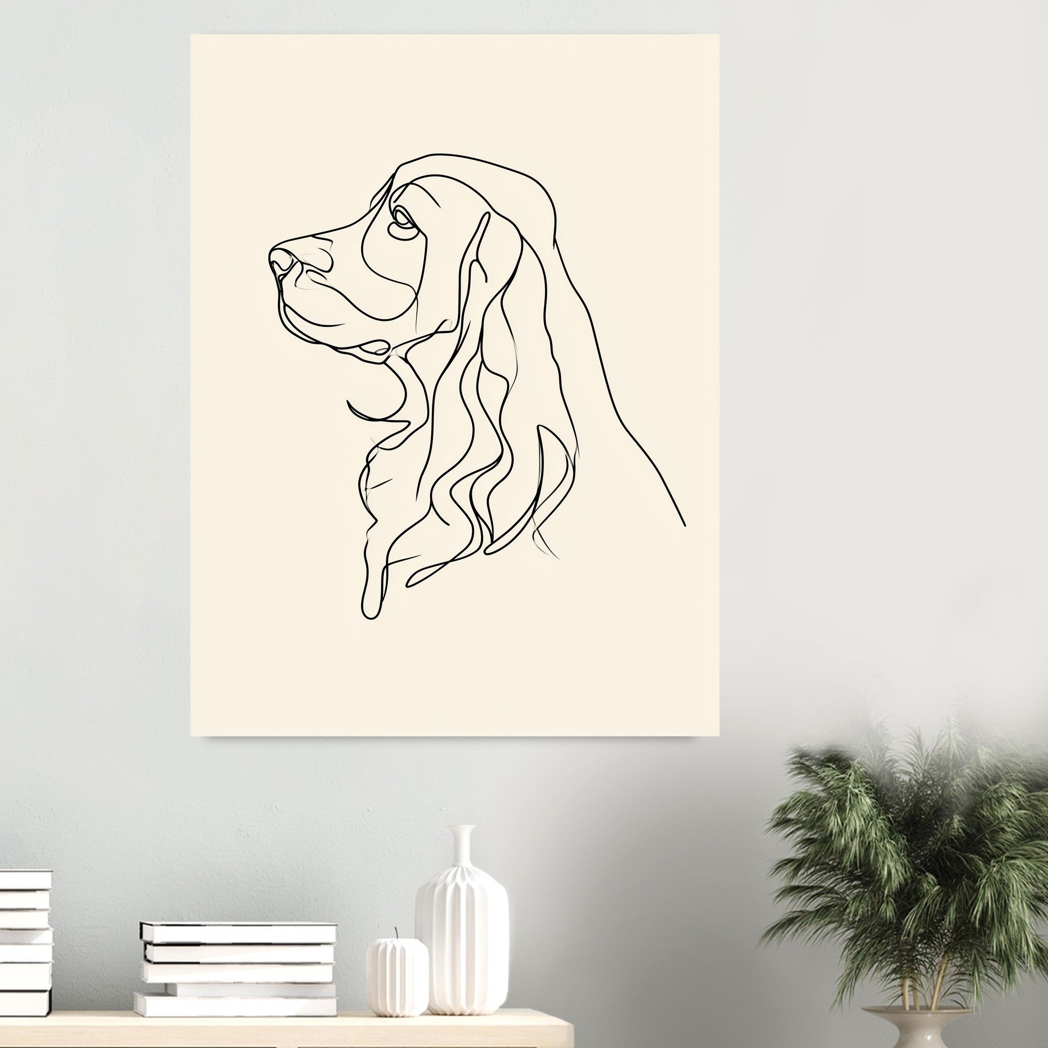 Cocker spaniel-tavla i linjekonst - inramad poster i sovrumsmiljö