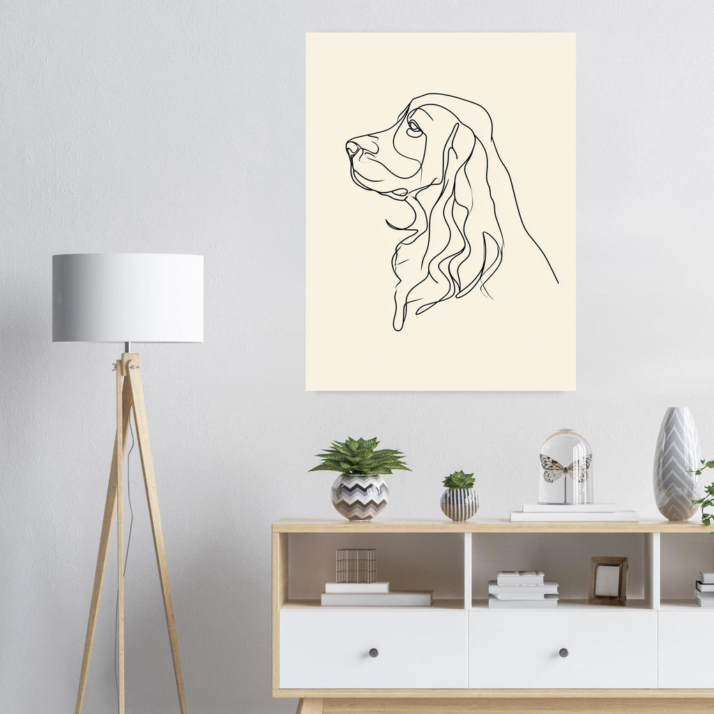 Cocker spaniel-tavla i linjekonst - inramad poster i ljus interiör