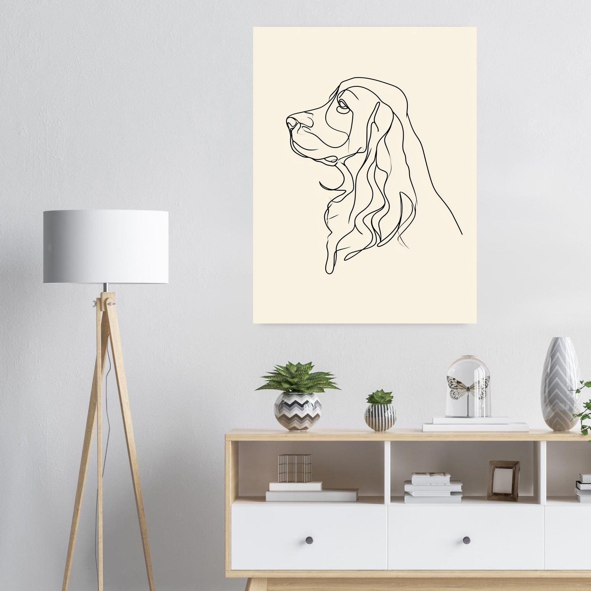 Cocker spaniel-tavla i linjekonst - inramad poster i ljus interiör