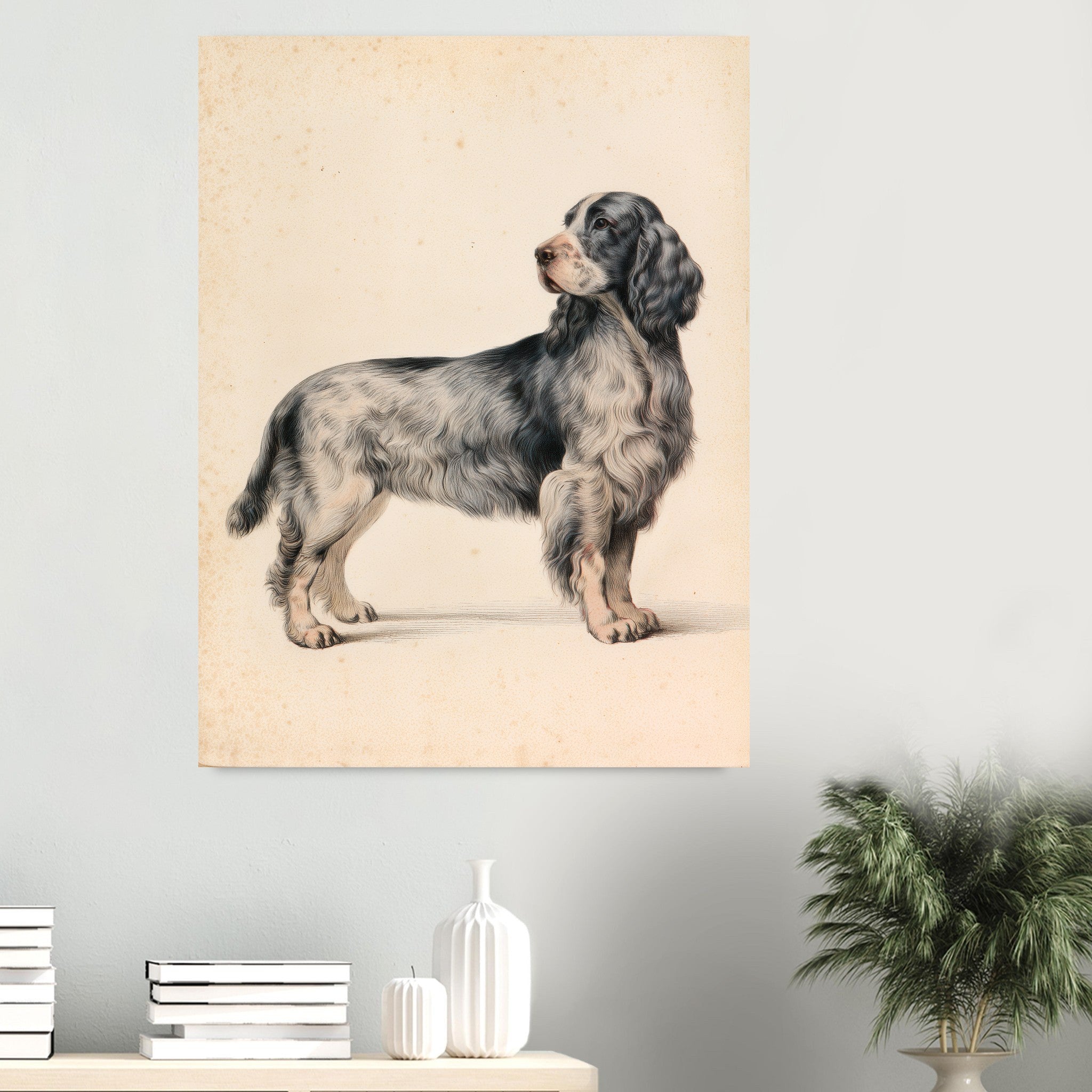 Cocker spaniel-tavla i antik plansch - inramad poster i sovrumsmiljö