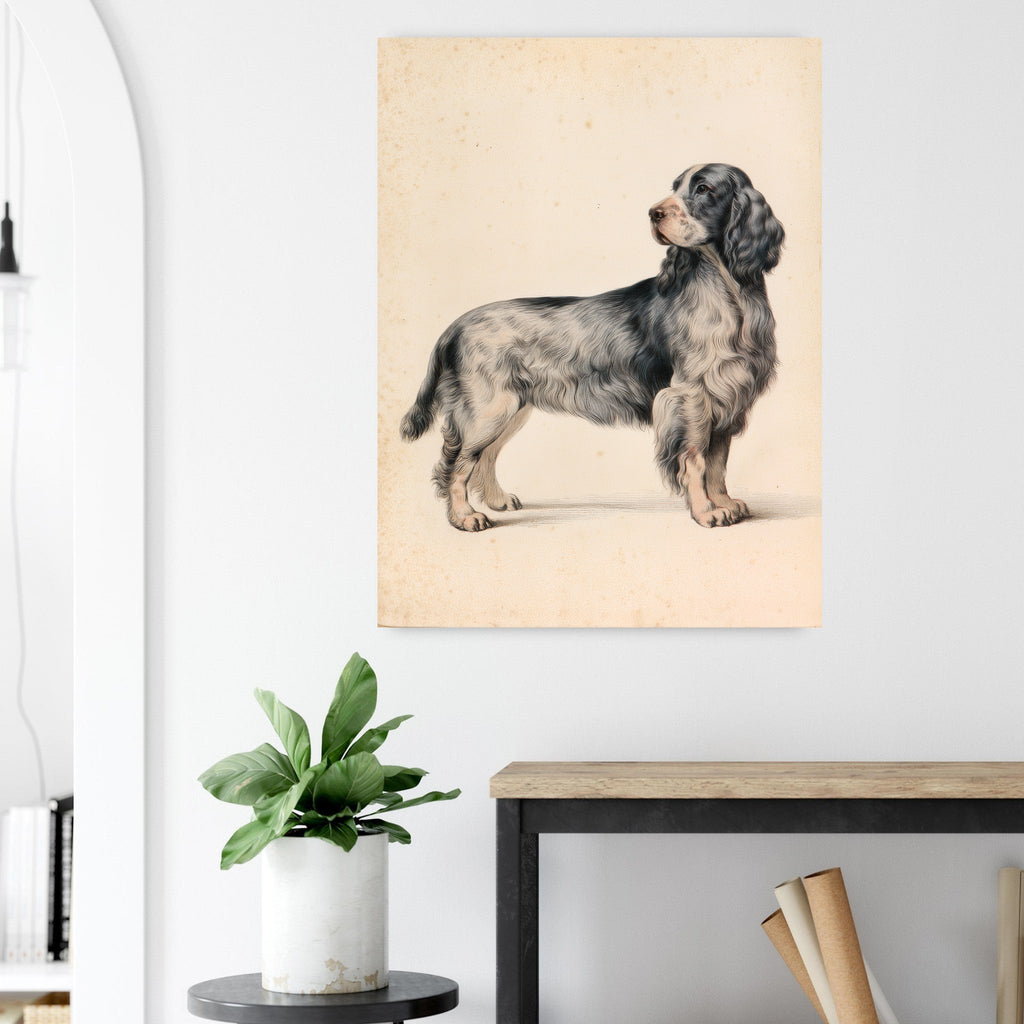 Cocker spaniel-tavla i antik plansch - närbild på tryckdetalj