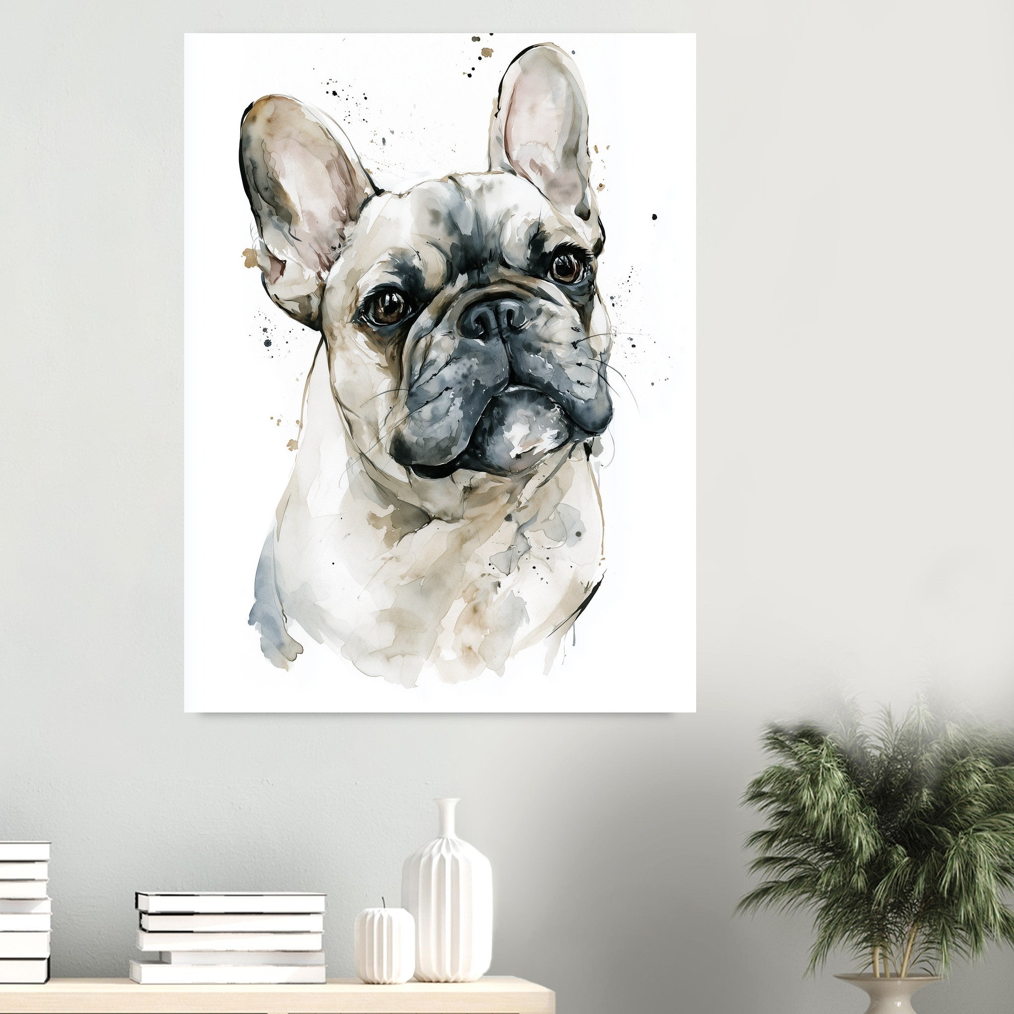 Fransk bulldogg-tavla i akvarell - inramad poster i sovrumsmiljö