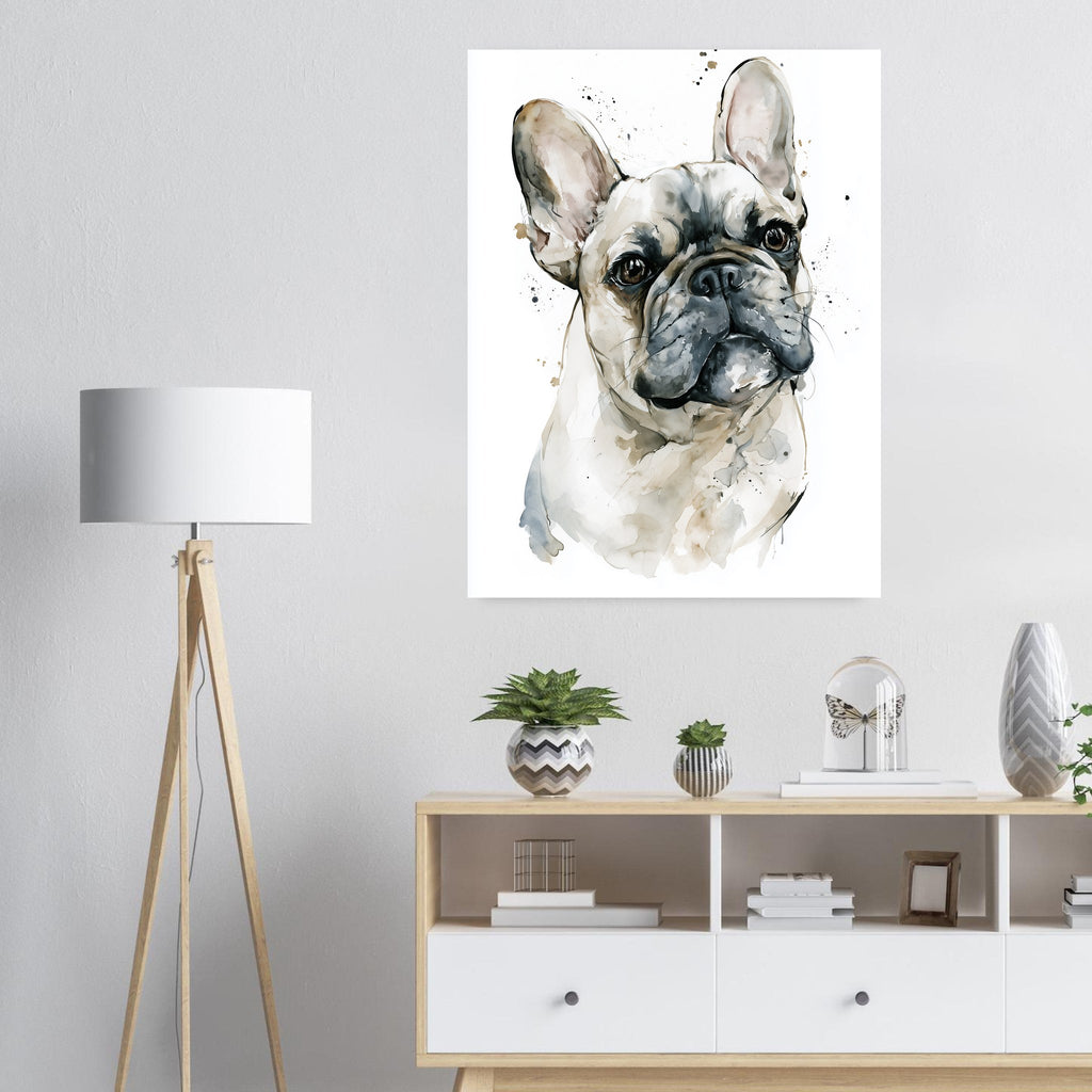 Fransk bulldogg-tavla i akvarell - inramad poster i ljus interiör
