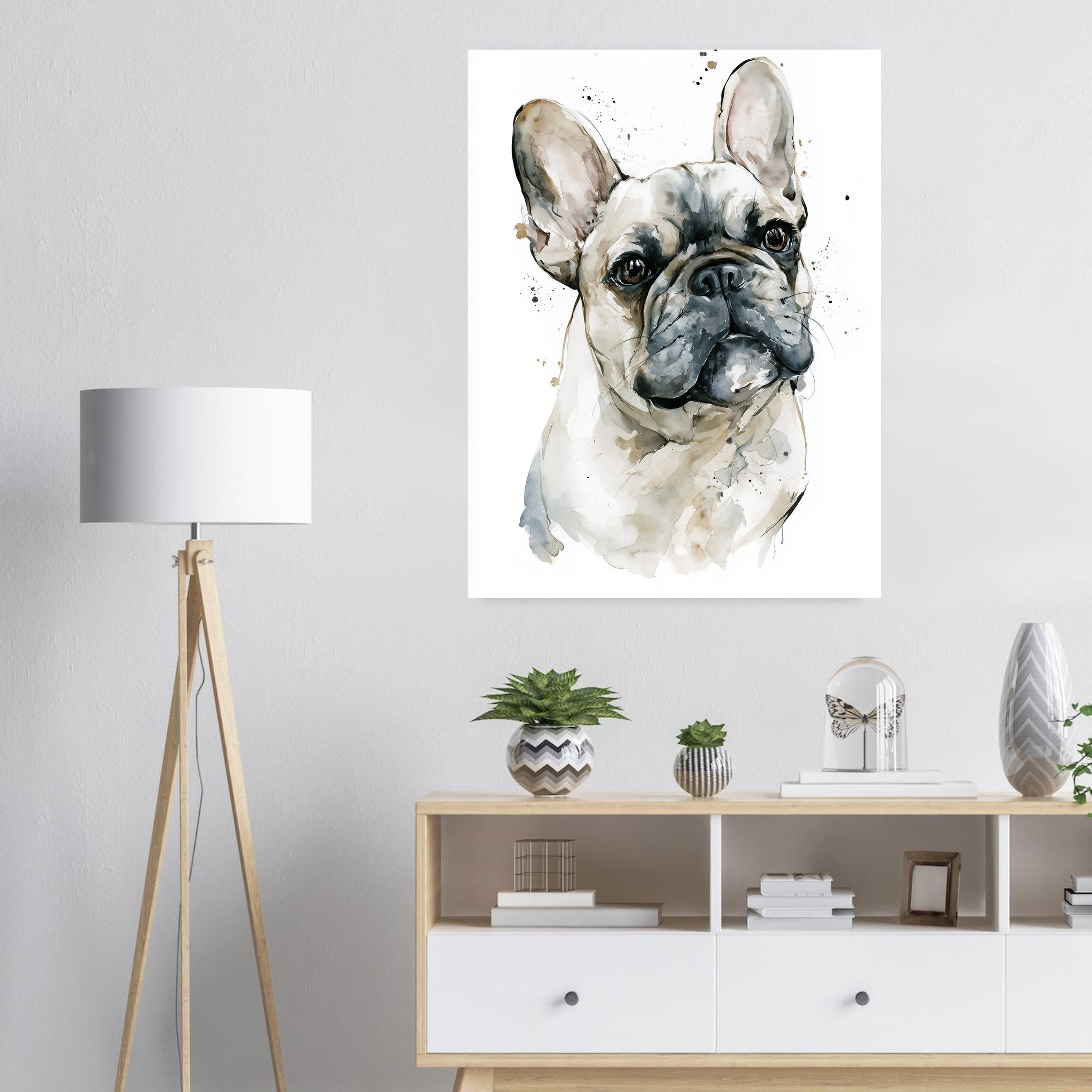 Fransk bulldogg-tavla i akvarell - inramad poster i ljus interiör
