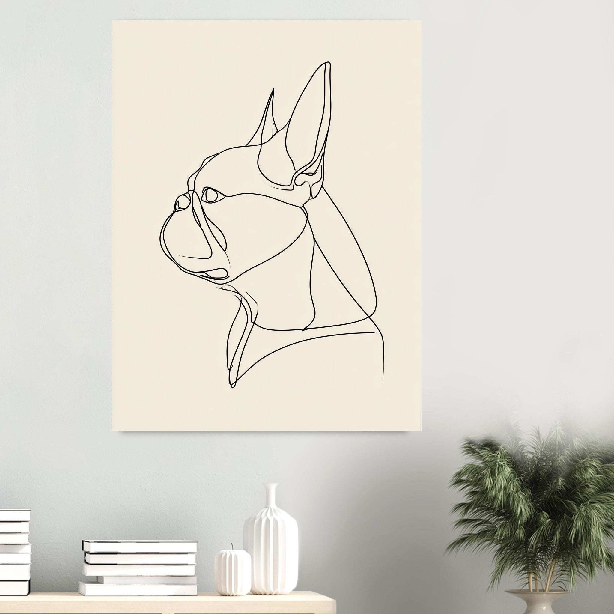 Fransk bulldogg-tavla i linjekonst - inramad poster i sovrumsmiljö