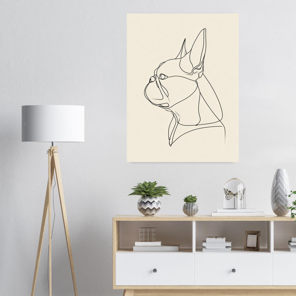 Fransk bulldogg-tavla i linjekonst - inramad poster i ljus interiör