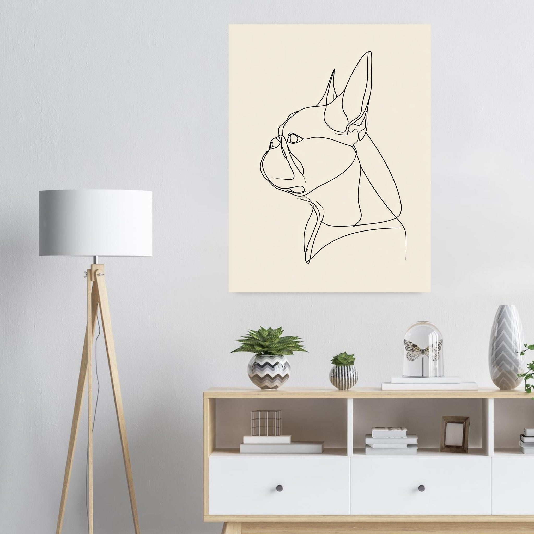 Fransk bulldogg-tavla i linjekonst - inramad poster i ljus interiör