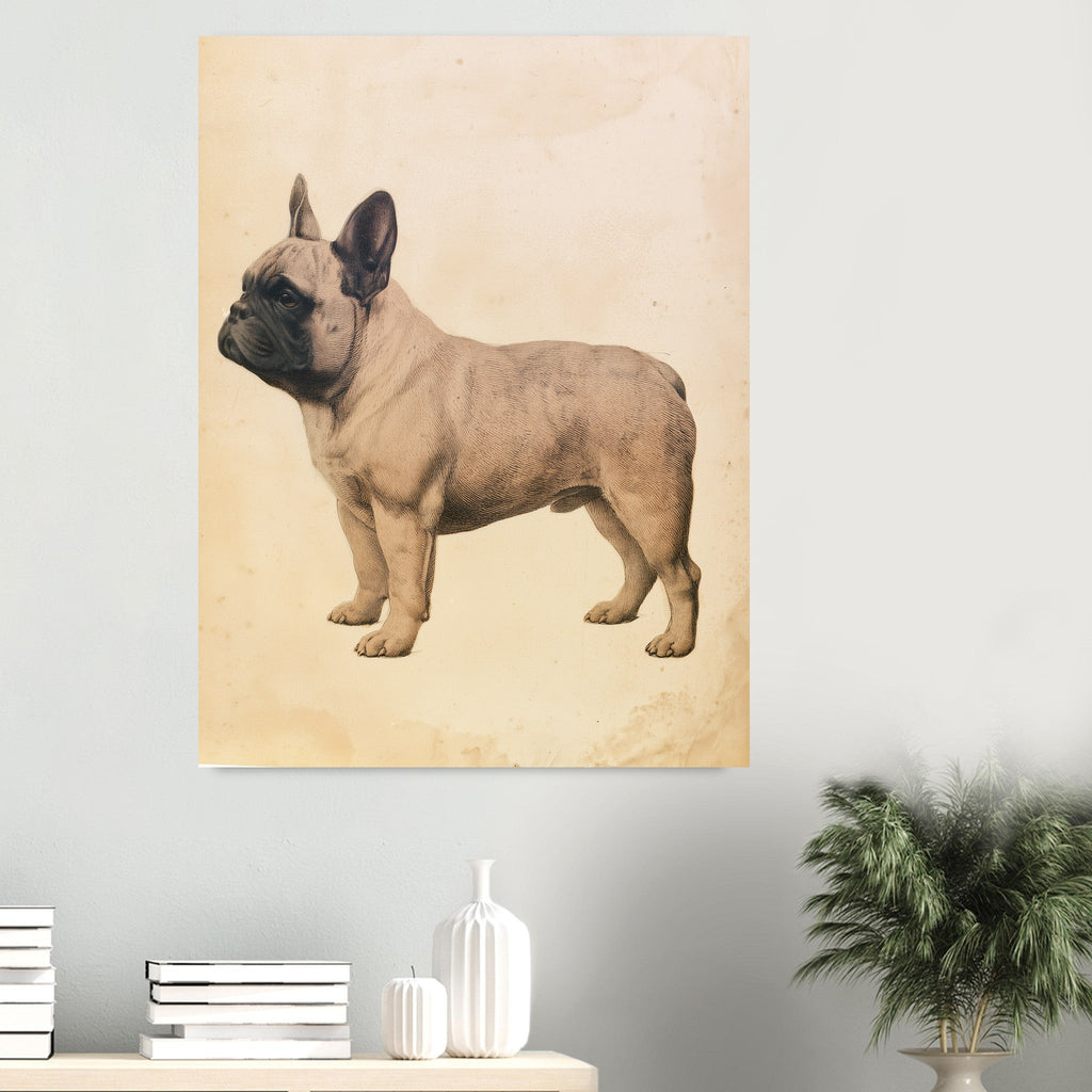 Fransk bulldogg-tavla i antik plansch - inramad poster i sovrumsmiljö