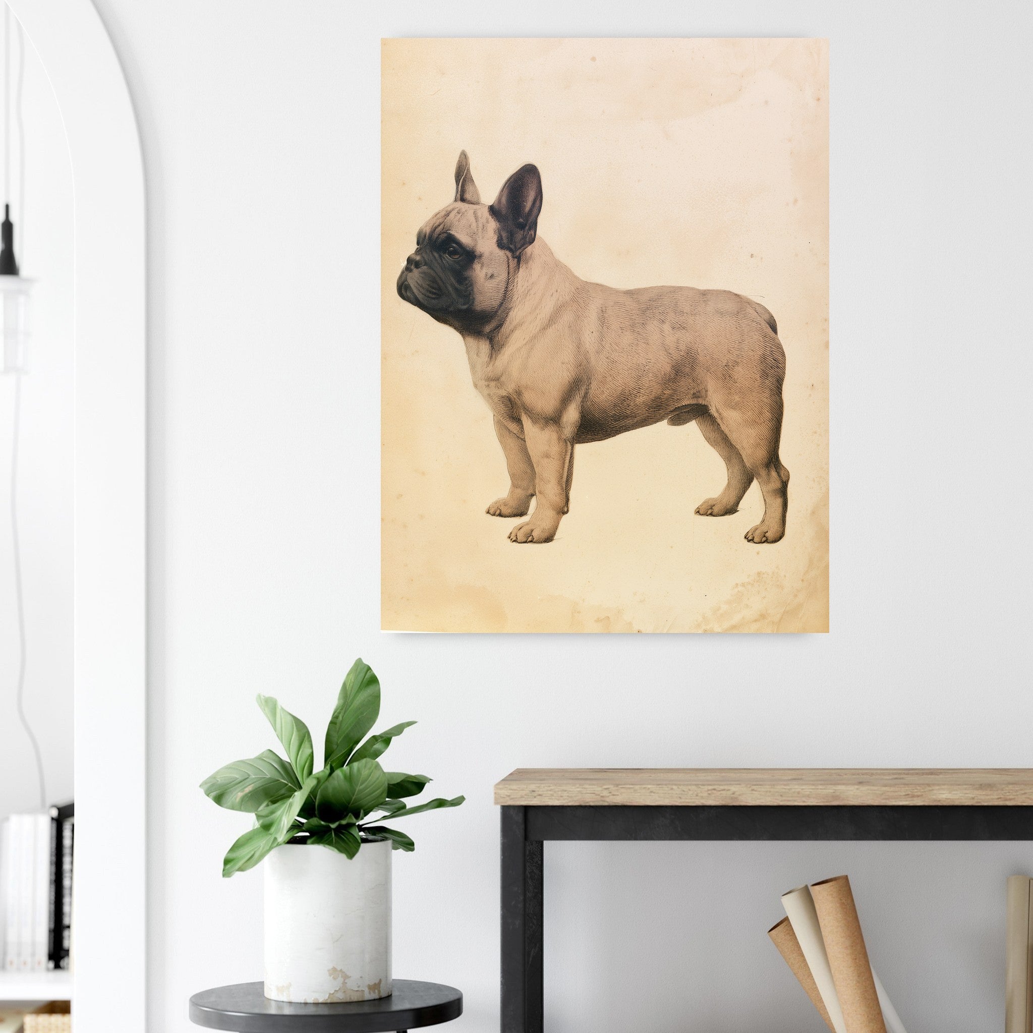 Fransk bulldogg-tavla i antik plansch - närbild på tryckdetalj