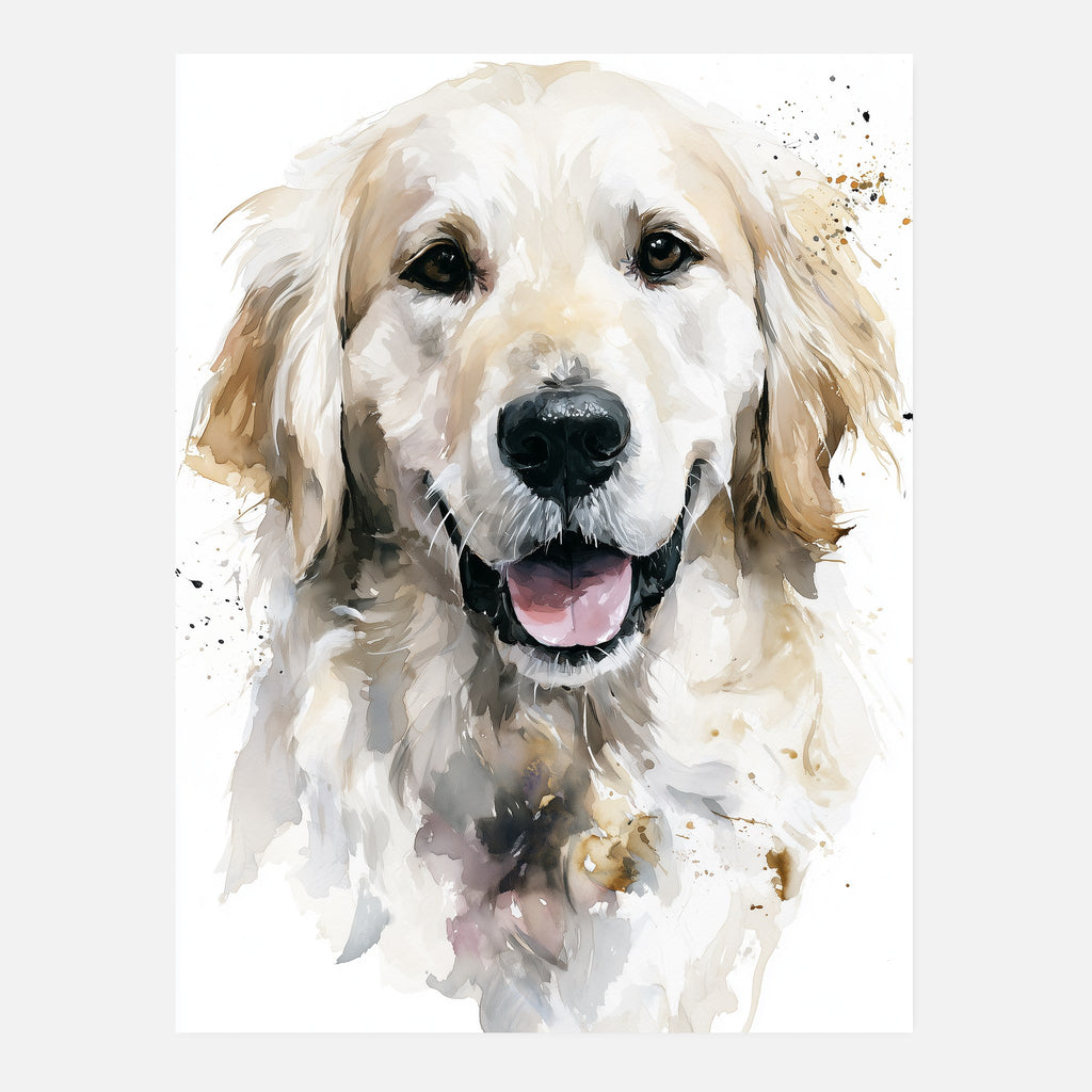 Golden retriever-tavla i akvarell - inramad poster i vardagsrumsmiljö