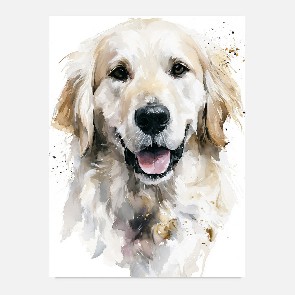 Golden retriever-tavla i akvarell - inramad poster över soffan