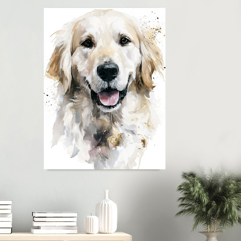 Golden retriever-tavla i akvarell - inramad poster i sovrumsmiljö