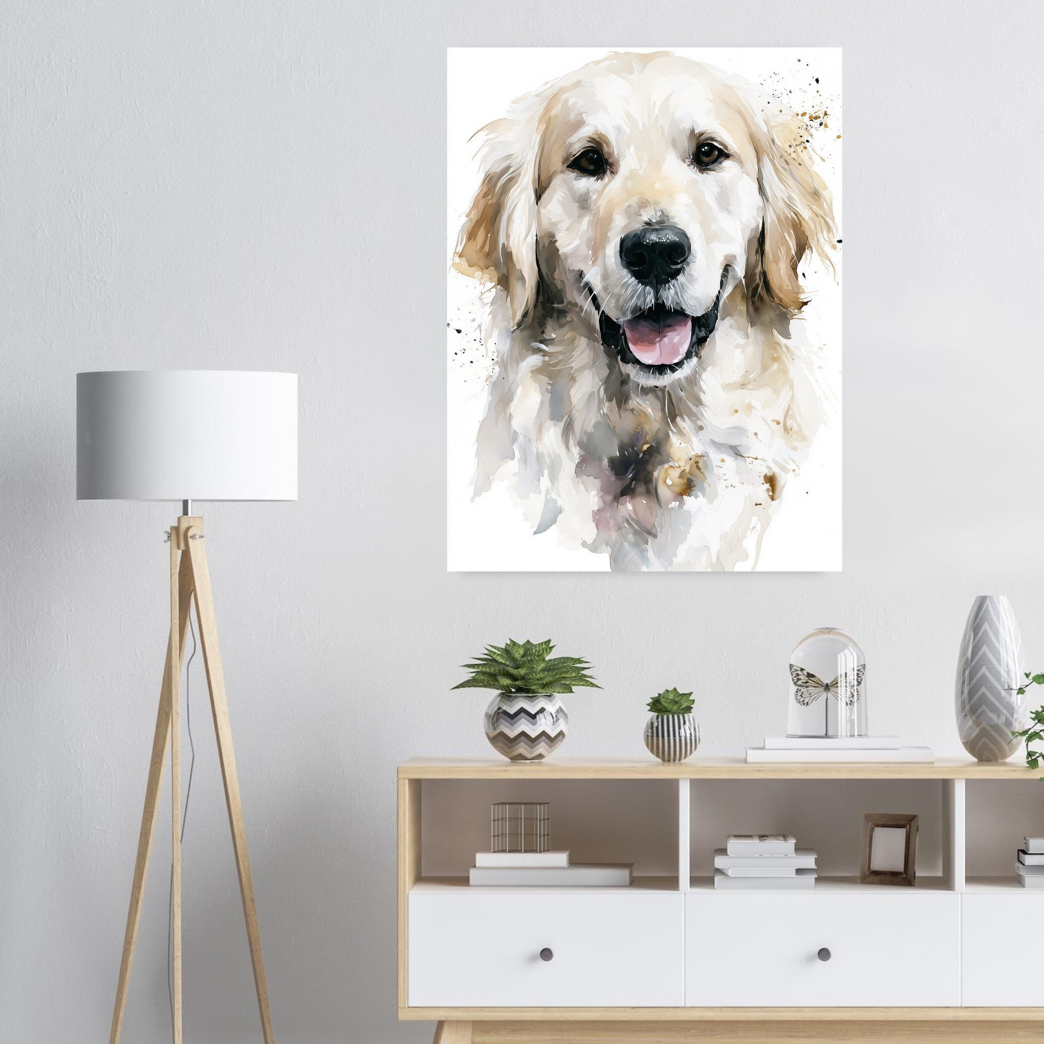 Golden retriever-tavla i akvarell - inramad poster i ljus interiör