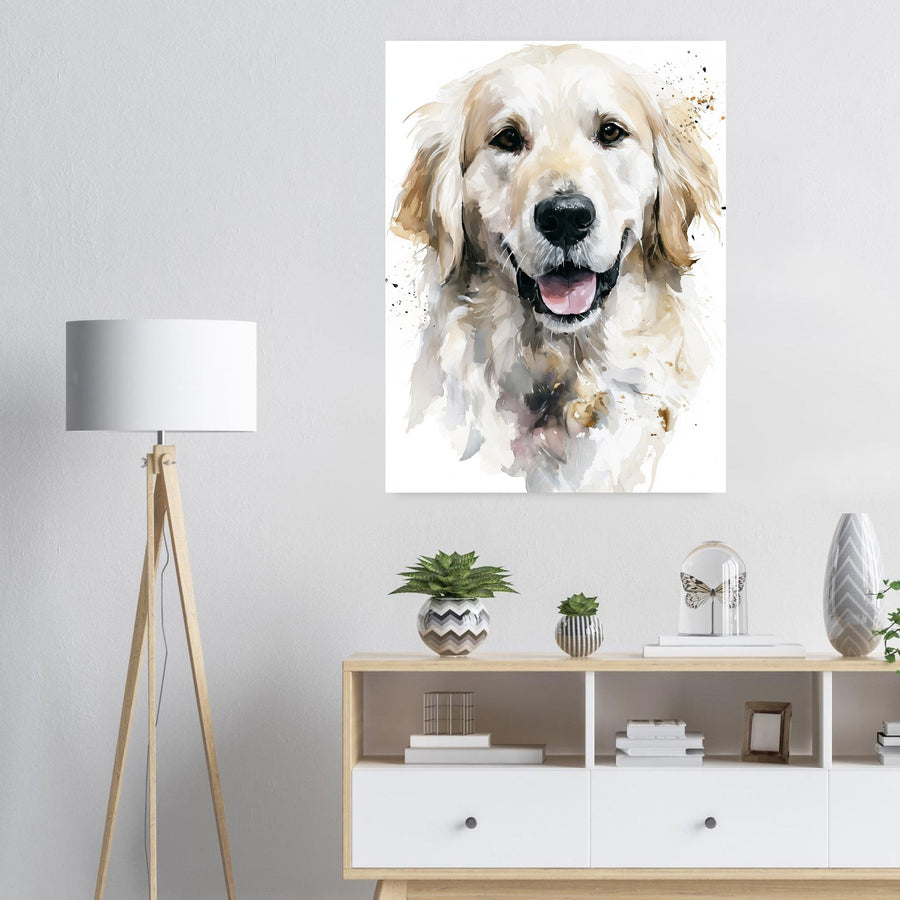 Akvarellposter med golden retriever i ett ljust vardagsrum