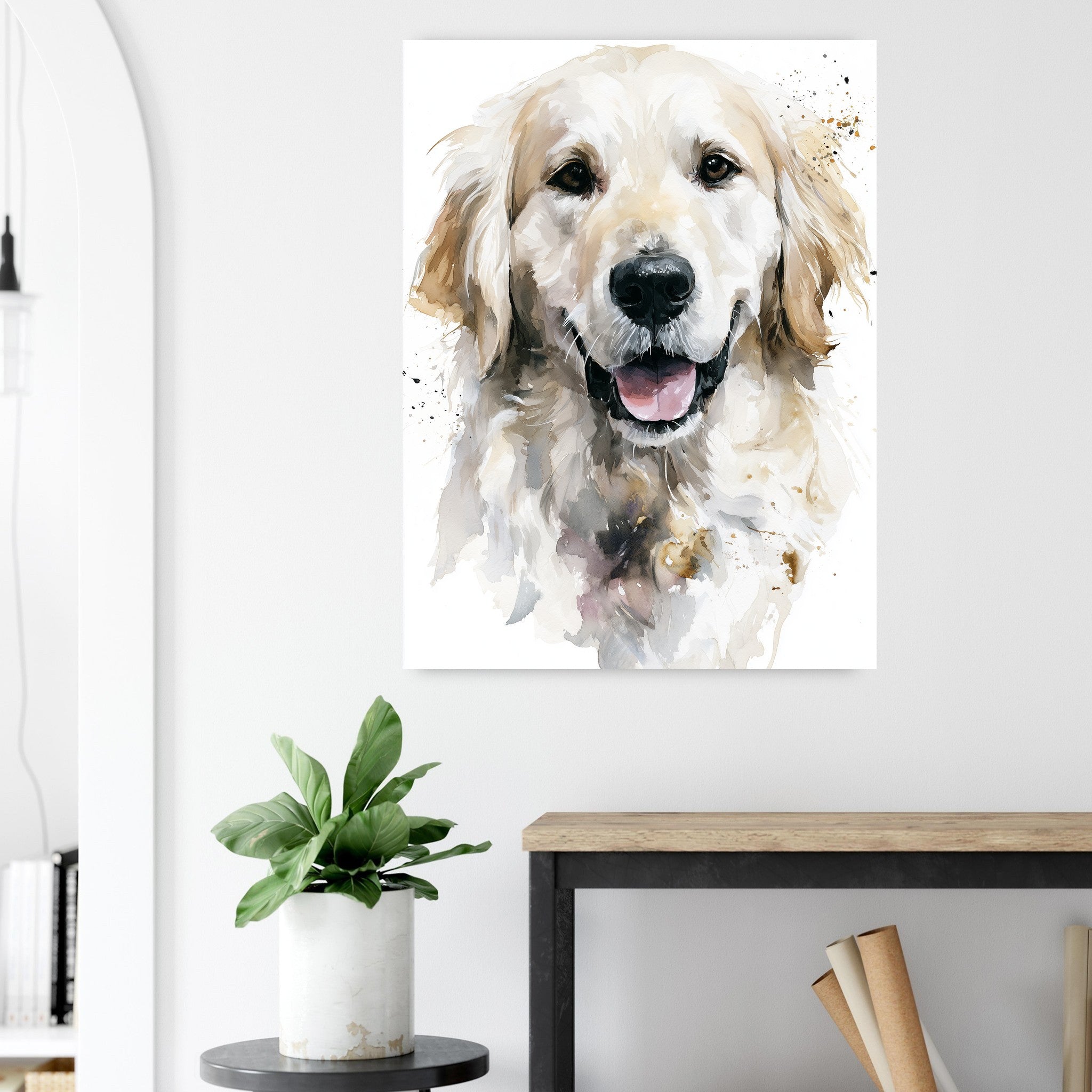 Golden retriever-tavla i akvarell - närbild på tryckdetalj