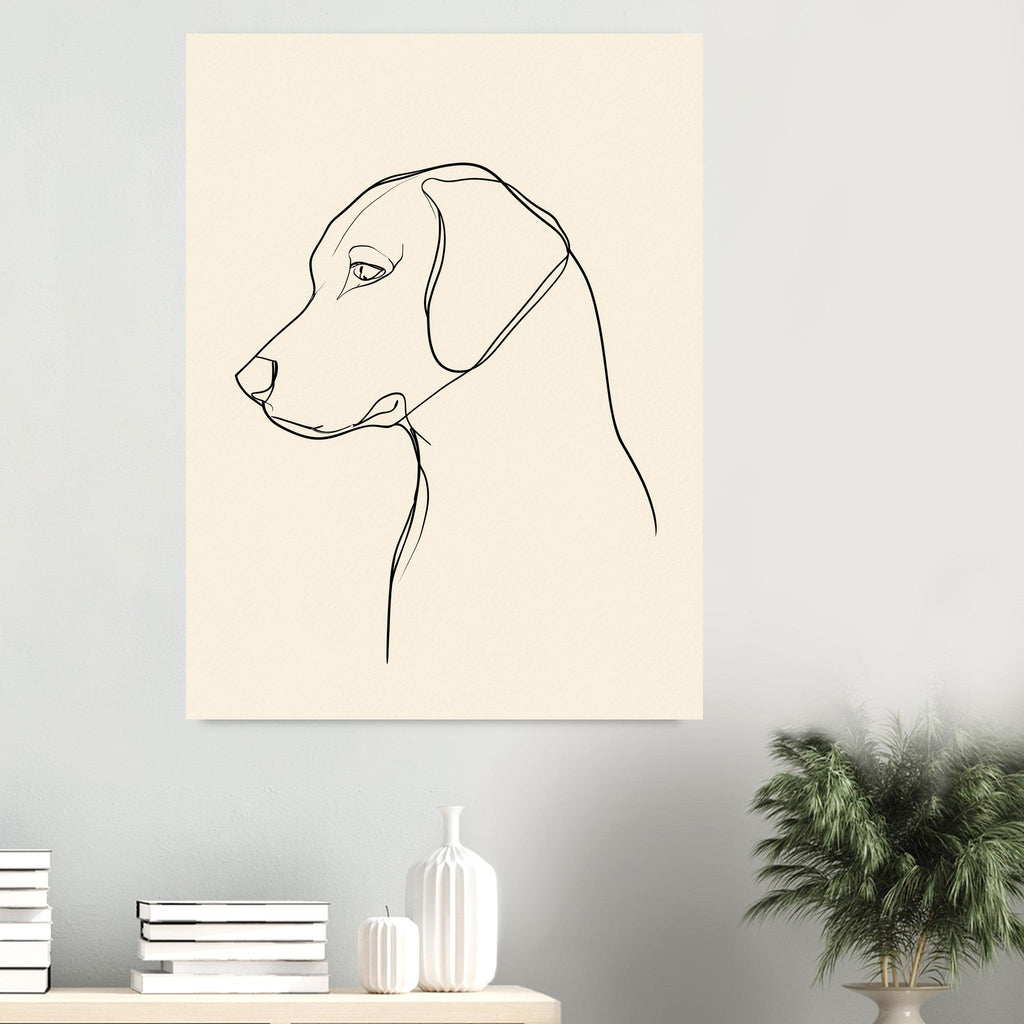 Golden retriever-tavla i linjekonst - inramad poster i sovrumsmiljö