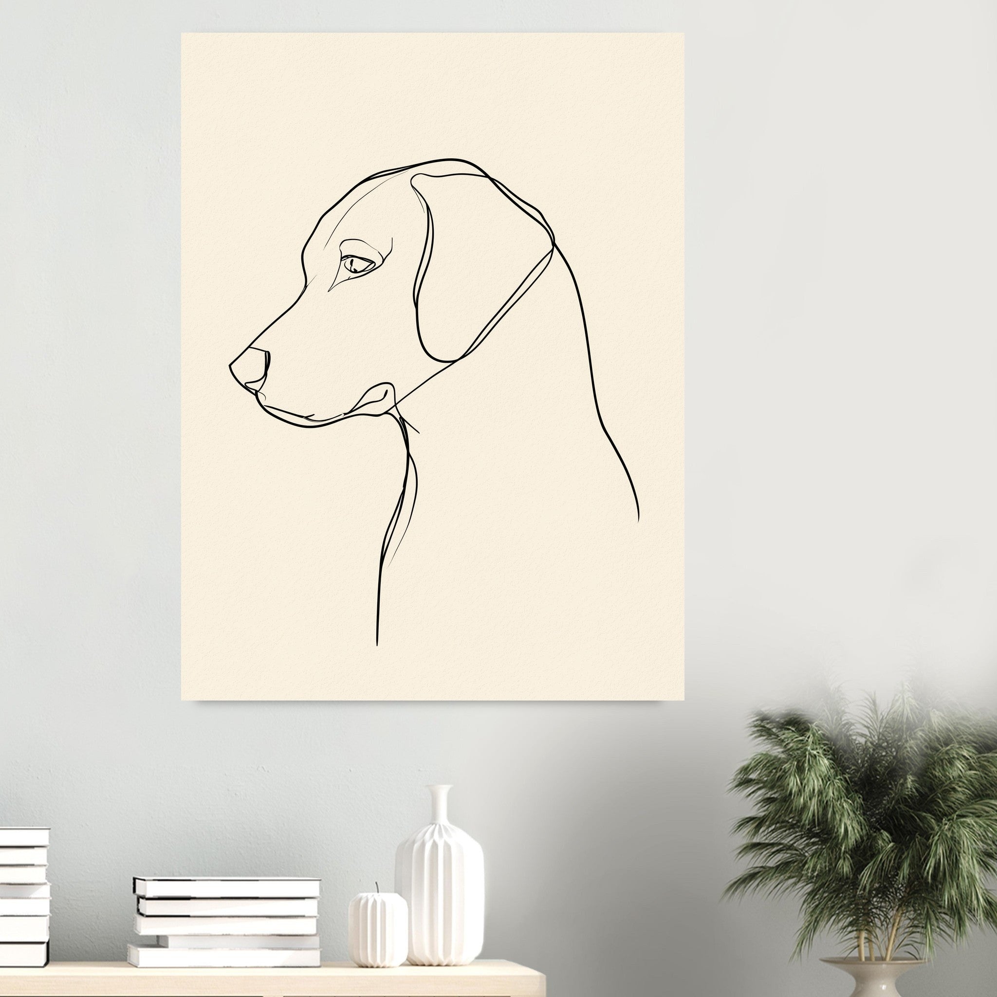 Golden retriever-tavla i linjekonst - inramad poster i sovrumsmiljö