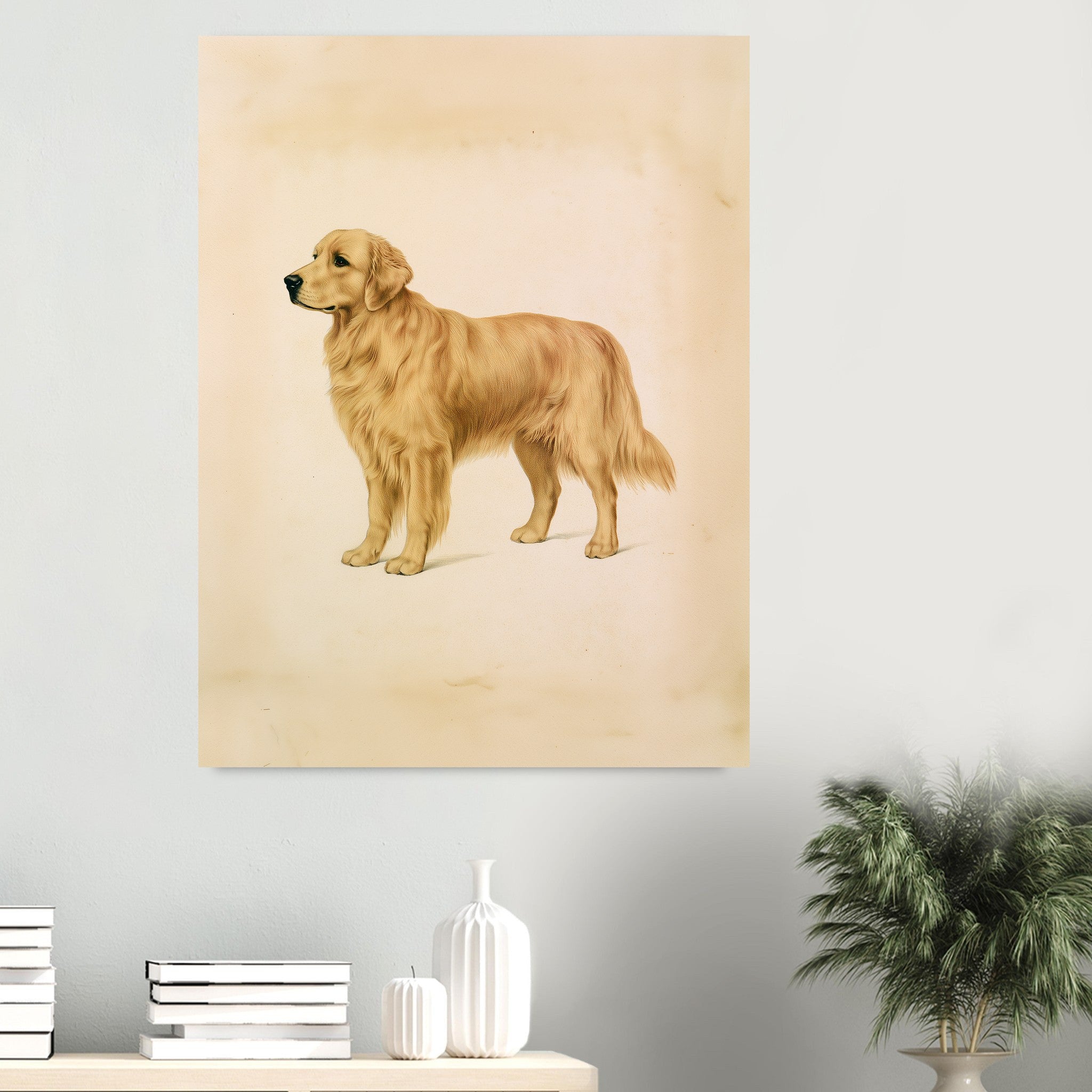 Golden retriever-tavla i antik plansch - inramad poster i sovrumsmiljö