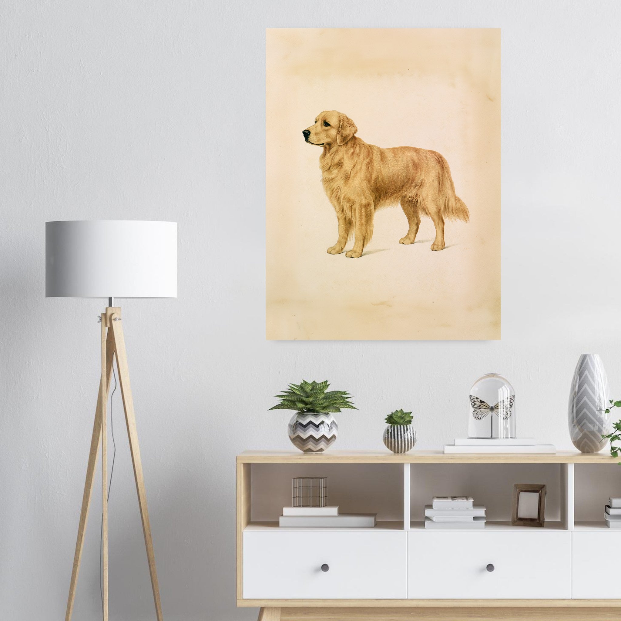 Golden retriever-tavla i antik plansch - inramad poster i ljus interiör