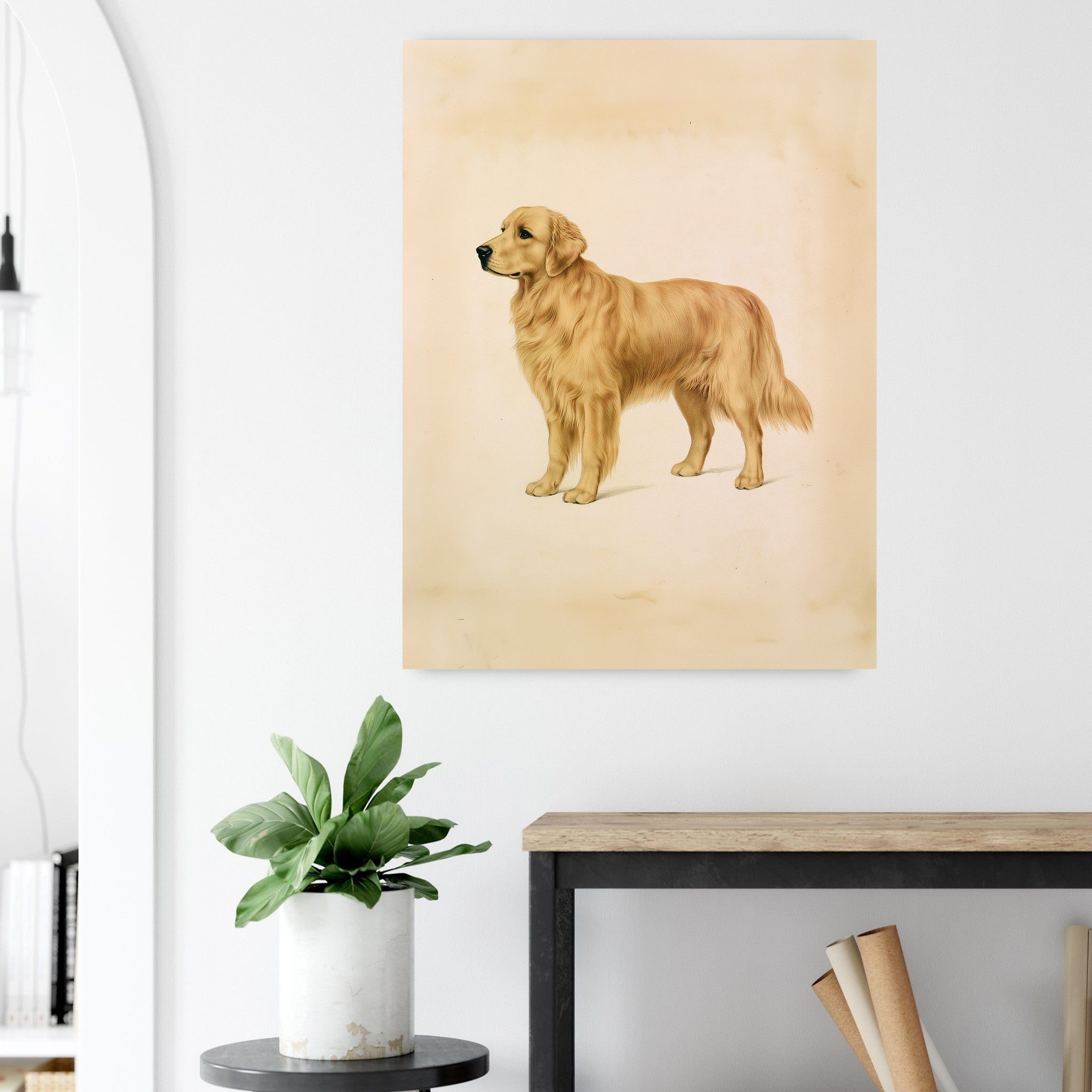Golden retriever-tavla i antik plansch - närbild på tryckdetalj