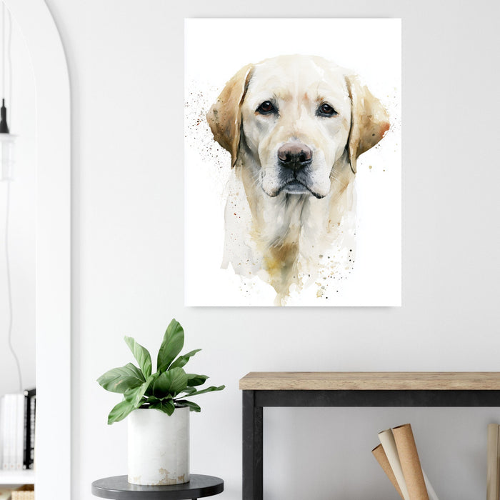 Akvarellposter med labrador i en ljus hall