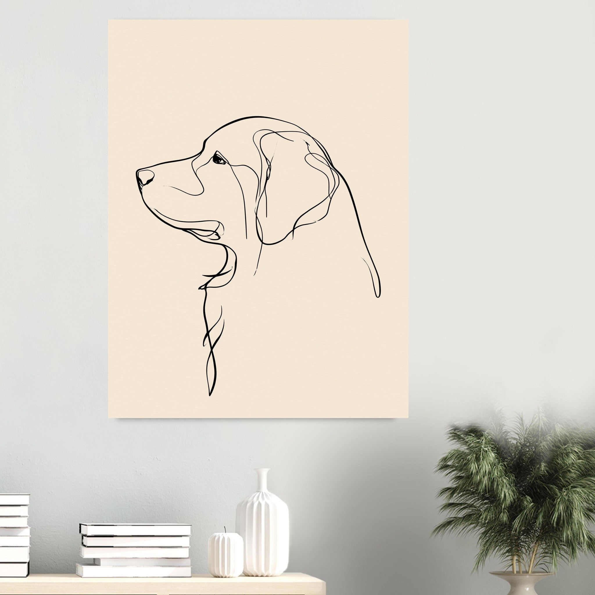 Labrador-tavla i linjekonst - inramad poster i sovrumsmiljö
