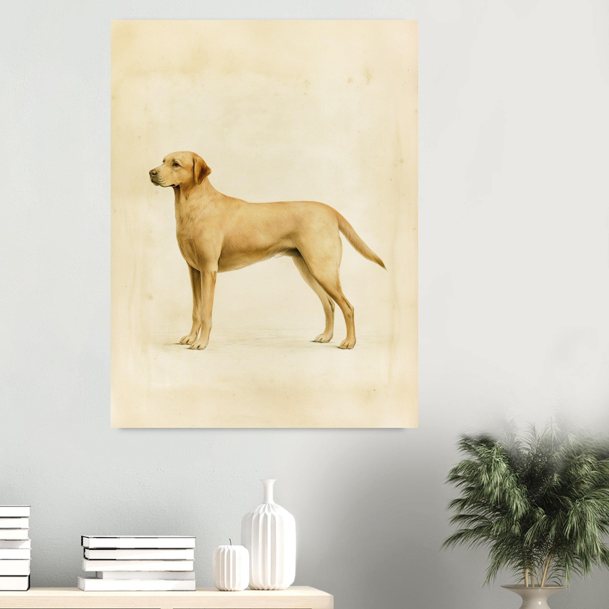 Labrador-tavla i antik plansch - inramad poster i sovrumsmiljö